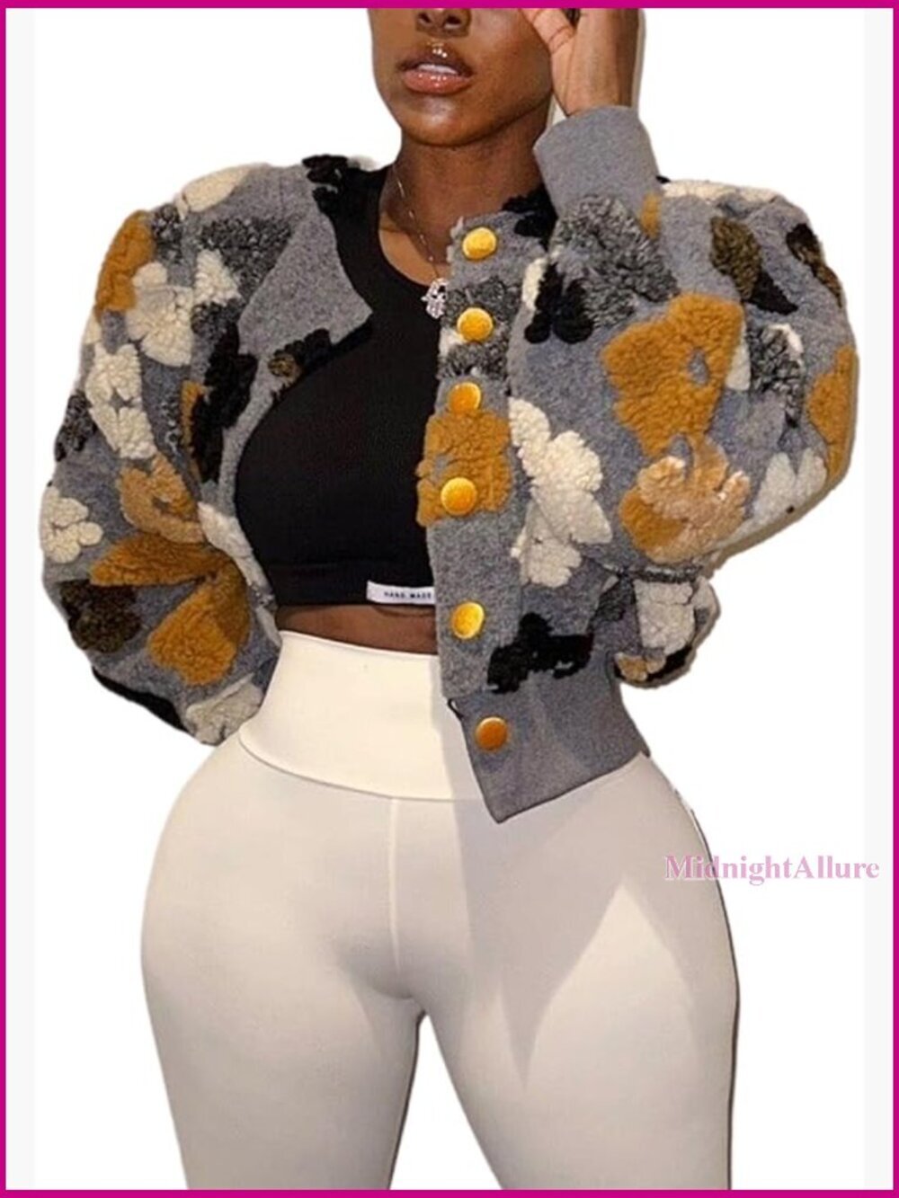 Women's Cropped Fleece Bomber Jacket Floral Print Button Down Casual